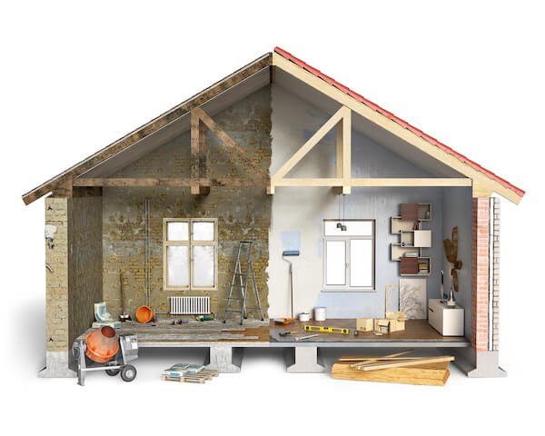 A house cut in half with one side before the remodel and the other side after the remodel