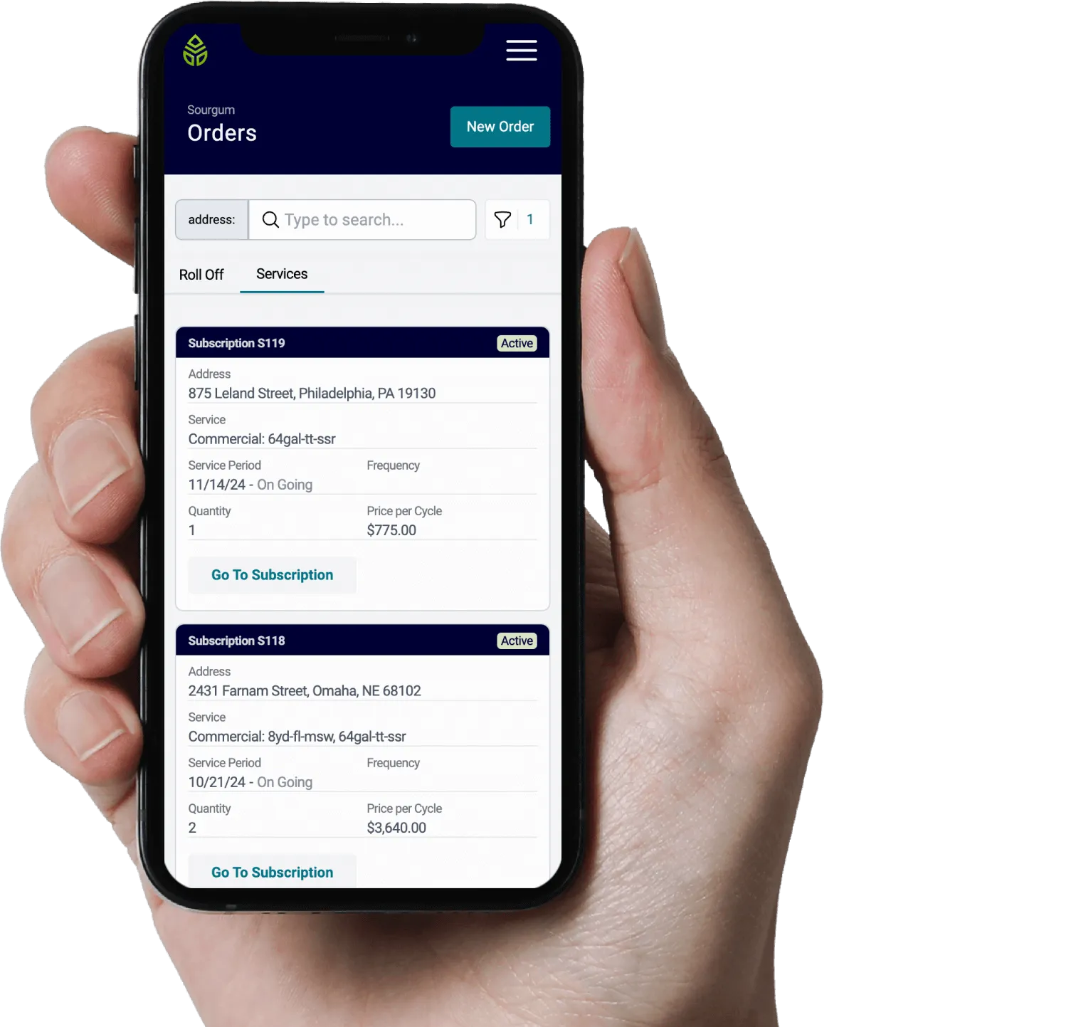 A hand holding iPhone 12 with the Sourgum customer dashboard