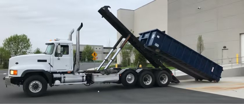 truck dropping off a roll-off container