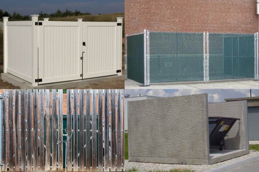 concrete, vinyl, chain link, and wooden dumpster enclosures.