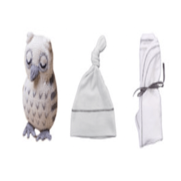 White baby blanket and hat with a brown owl rattle