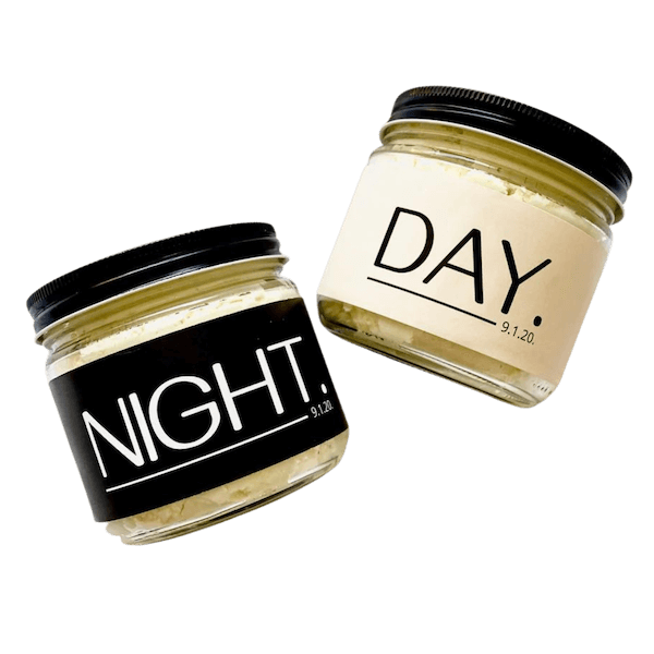 Two jars of night and day body butter with 100% recyclable packaging