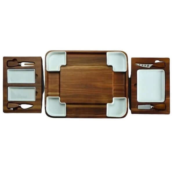 Multi sectional three piece wooden cheese board set