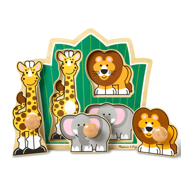 Animal knob puzzle with a giraffe, elephant, and lion