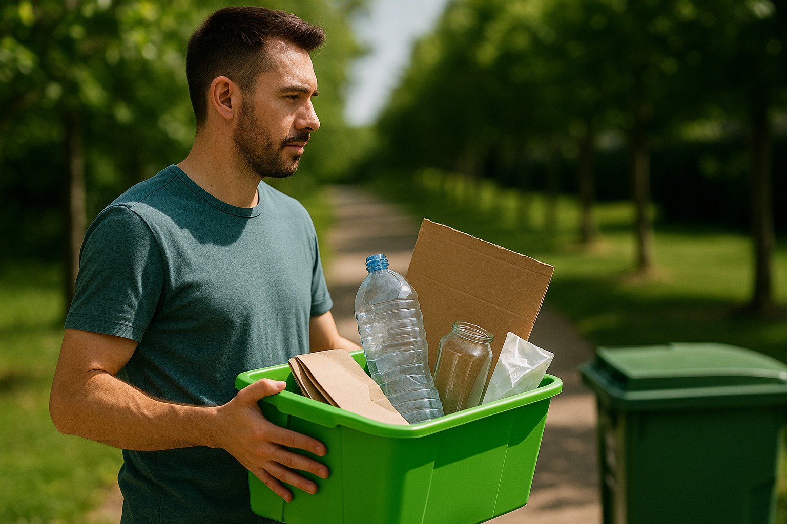A person recycling glass, cardboard, and plastic