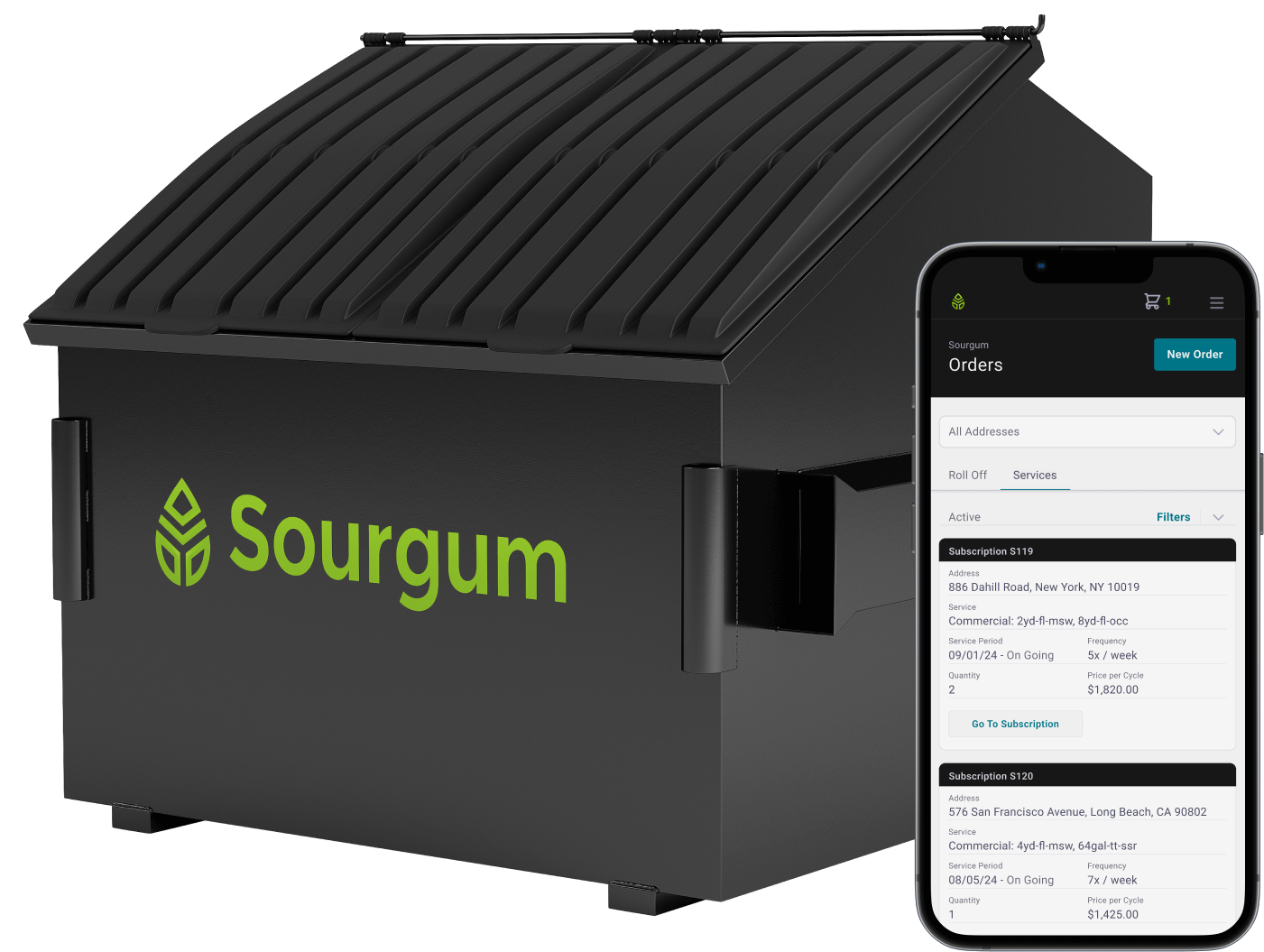 Sourgum front yard dumpster with mobile phone