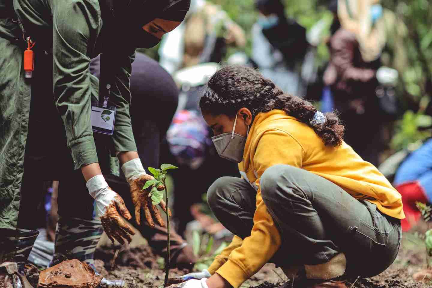 Girl and Woman Planting Trees